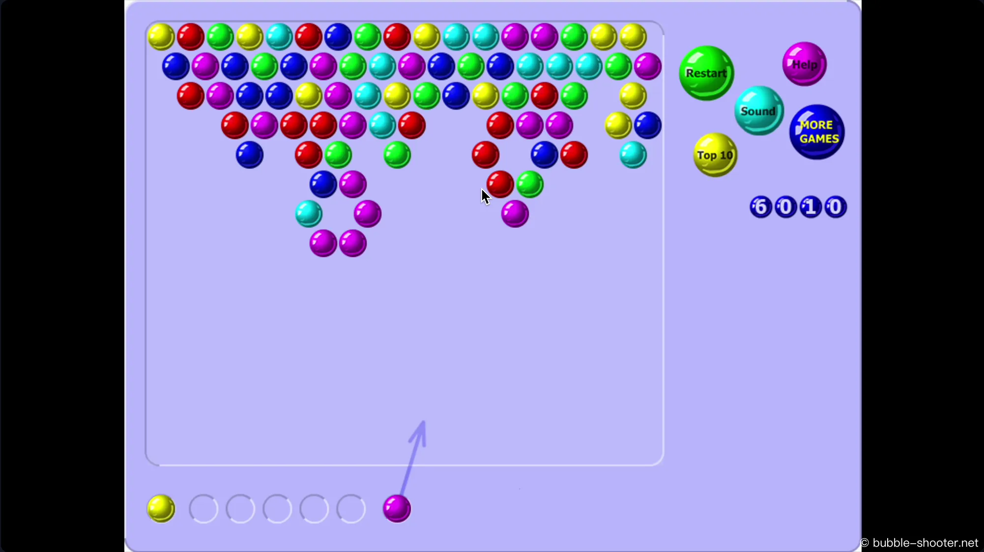 Animation showing the core Bubble Shooter gameplay loop: aiming, shooting, and popping a cluster of matching colored bubbles